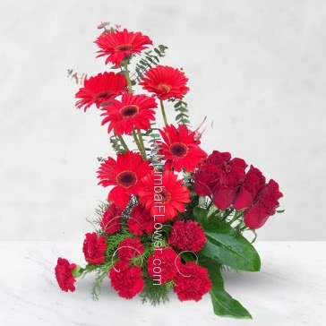 Arrangement of 10 Carnations and 10 Gerberas and 10 Red Roses for your love.