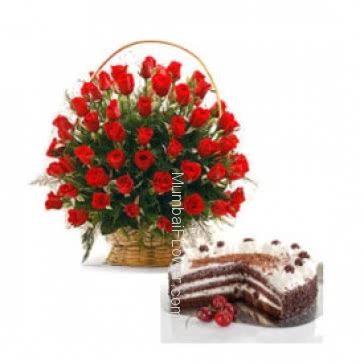 Romantic gift combo, 40 Valentine Red Roses in a Basket. Half kg Black forest Cake.