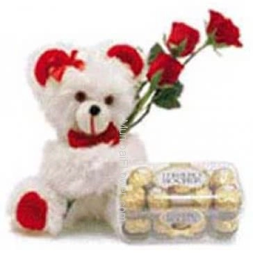 A lovely combo of Valentine 6 Red Roses and 6 inch Teddy With 16 PC Ferrero Rocher chocolate