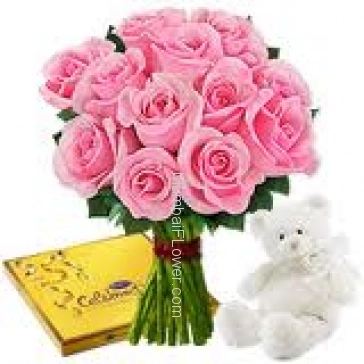 Bunch of 12 Pink Roses 6 inch Teddy and Cadbury Celebration Chocolates