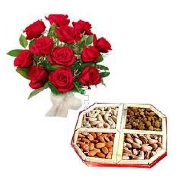 Bunch of 12 Red Roses and Pack of Half kg Dry Fruit