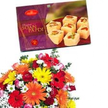 Bunch of 10 Mixed Color Flowers and Pack of Half kg Soan Papdi
