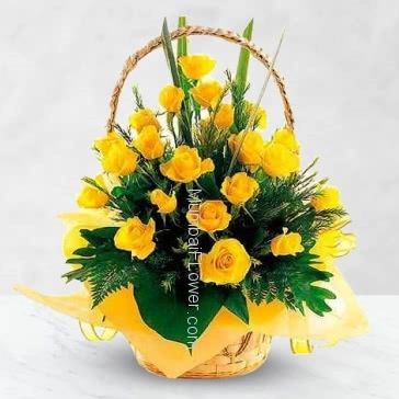 For your friend Basket of 25 Yellow Roses nicely decorated with greens. 
