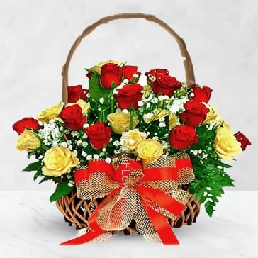 Give cheerful, excellent and loving  Basket of 40 Red and Yellow Roses for your loved ones nicely decorated with Ribbons.