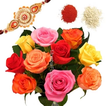 Rakhi Package with Bunch 10 mix color carnations with one Rakhi & Roli Chawal. Best Gift for Raksha Bandhan. Please note : Rakhi Design / Basket / Boxes /  Container may be replaced in case of unavailability/out of stock.