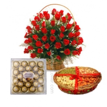 Basket of 30 Red Roses, Half kg. Dryfruit and 24 pc Ferrero Rocher