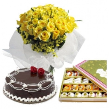 Bunch Of 30 Yellow Roses, Half kg Chocolate Cake and  Half Kg. Mixed Mithai