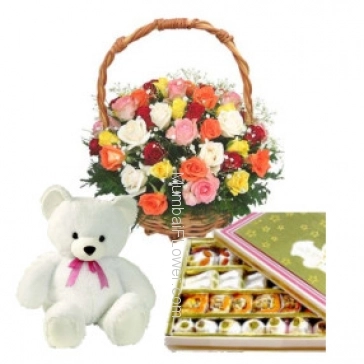 Basket of 30 Mixed Roses, Half Kg. Mixed Mithai, 6 Inch Teddy.
