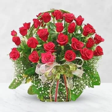 Basket of 35 Red Roses nicely decorated with fillers and ribbons