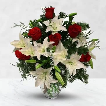 Bunch of 6 pc Asiatic White Lilies and 10 Red Roses nicely decorated with fillers and ribbons... Please note: Vase is not included.