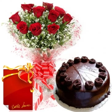 Bunch of 12 Red Roses and Half kg. Chocolate Truffle Cake with 1 Simple Greeting card 