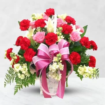 Basket Arrangement of 15 Red carnation, 10 Pink roses and 3 white lilies nicely decorated with fillers and ribbons.
