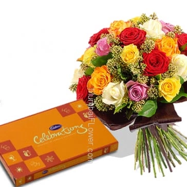 Bunch of 25 Mixed colored roses nicely decorated with small cadbury celebration 