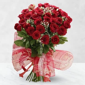 Bunch of 35 Red Roses nicely decorated with fillers and ribbons