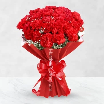 Bunch of 20 red carnation nicely decorated with fillers and ribbons