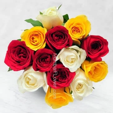 Bunch Of 12 Mixed Colored Roses with Plastic Cellophane packing