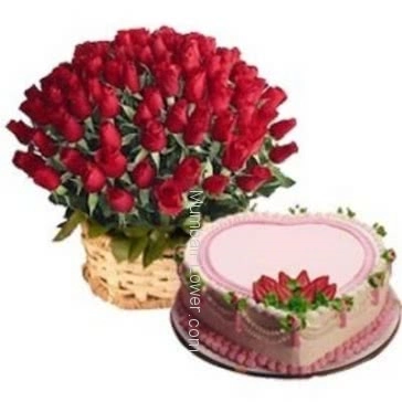 Basket of 50 Red Roses with fillers and greens and 1 Kg. Heart Shape Strawberry Cake