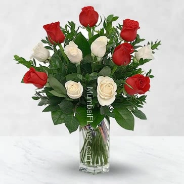 Glass Vase with 12 Red and White Roses with fillers and greens