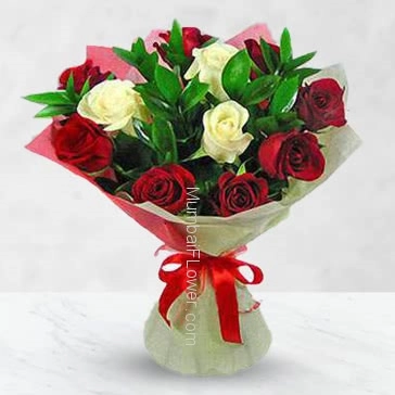 Bunch of 15 Red and white Roses with Paper Packing