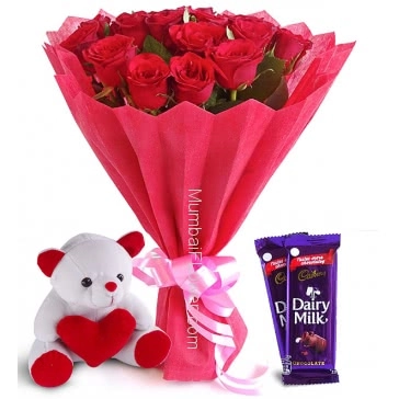 Bunch of 20 Red Roses with fillers Ribbons and Paper Packing, with a 6 Inch Teddy and 2cp Cadbury Dairymilk Chocolates
