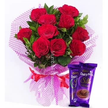 Beautiful Bunch of 10 Red Roses nicely decorated with fillers Ribbons and 2pc Cadbury Silk Chocolate of Rs.60 each