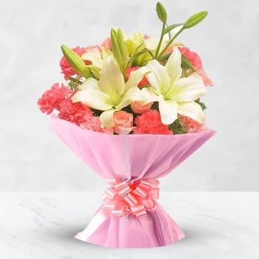 Hand Bouquet of 2 pc Asiatic White Lilies 10 Pink Carnations and 10 Pink Roses with filler and ribbons
