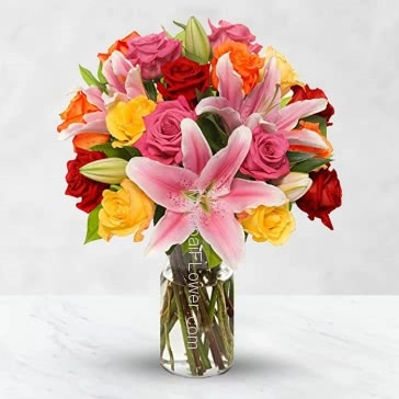 Glass Vase with 20 Mixed colored roses and 10 red carnation and 5pc pink lilies lilies with fillers greens