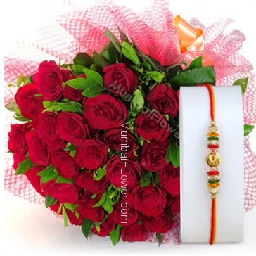 1pc Rakhi with 30 Red Roses with fillers and ribbons. Please note : Rakhi Design / Basket / Boxes /  Container may be replaced in case of unavailability/out of stock.