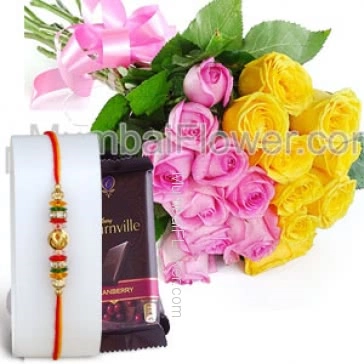 1pc Rakhi with Bunch of 20 Mixed Roses and 1pc Cadbury Bournville Chocolates. Please note : Rakhi Design / Basket / Boxes /  Container may be replaced in case of unavailability/out of stock.