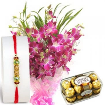 1pc Rakhi with Box of 16pc Fererro Rocher and Bunch of 6 Stems of Orchids with fillers ribbons, Raksha Bandhan Orchids Gift Combo. Please note : Rakhi Design / Basket / Boxes /  Container may be replaced in case of unavailability/out of stock.
