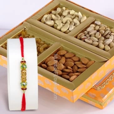 1pc Rakhi with 500gms of mixed Dryfruits. Please note : Rakhi Design / Basket / Boxes /  Container may be replaced in case of unavailability/out of stock.