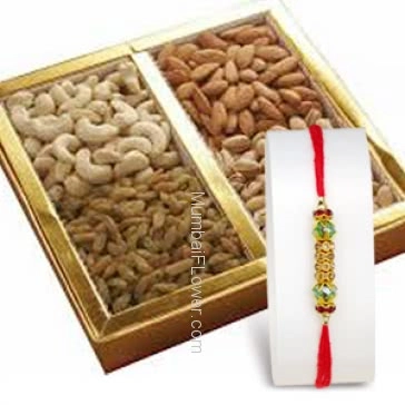 1pc Rakhi with 400 gms of mixed dryfruits. Please note : Rakhi Design / Basket / Boxes /  Container may be replaced in case of unavailability/out of stock.