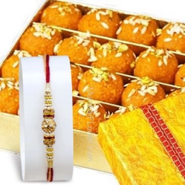 1pc Rakhi with Half Kg. Motichur Laddu . Please note : Rakhi Design / Basket / Boxes /  Container may be replaced in case of unavailability/out of stock.