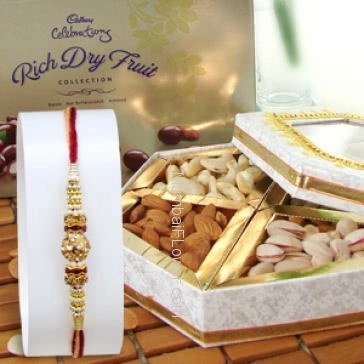 1pc Rakhi with Cadbury Rich Dry Fruits Box and 250 gms Mixed Dry Fruits. Please note : Rakhi Design / Basket / Boxes /  Container may be replaced in case of unavailability/out of stock.