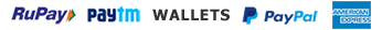 Payment method Visa MasterCard Rupay Amex Paypal Paytm