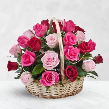 Basket of 30 Red and Pink Roses
