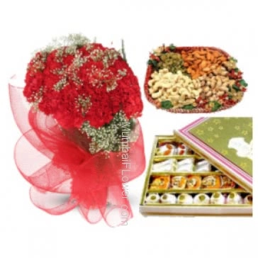 A spcial gift combo- Bunch of 30 Red Carnations, Pack of Half Kg. Mixed Dry Fruits and Mixed Mithai Combo, for the occasion like Weddings or for shagun. 