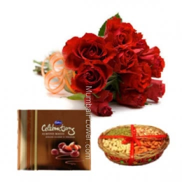 Best wishes with the Bunch of 12 Red Roses, Pack of Half kg. Dryfruit and Big Cadbury Celebrations Box.