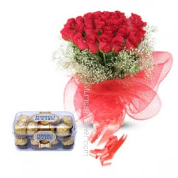 On the Anniversary gift your spouce the gift cobo-Bunch of 20 Red Roses and 16 pc Ferrero Rocher