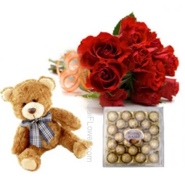 A beautiful gift combo-Bunch of 12 Red Roses, 12 Inches Teddy and 24 pc Ferrero Rocher for your beautiful love.