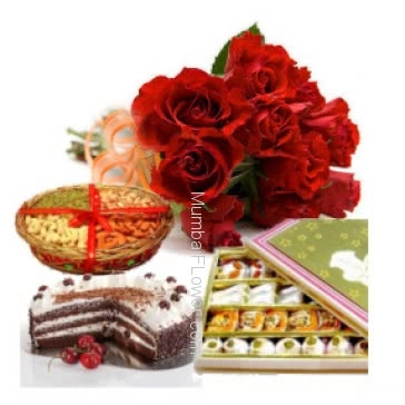 A beautiful gift to start new relations a Bunch of 12 Red Roses, Pack of Half kg. Dryfruit, Half Kg. Black Forest Cake and Half Kg. mixed Mithai