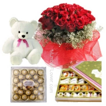 For your wife!! a Bunch of 30 Red Roses, 6 Inches cute Teddy, 24 pc Ferrero Rocher and Half Kg. Mixed yummy Mithai!!!!!!!!!!