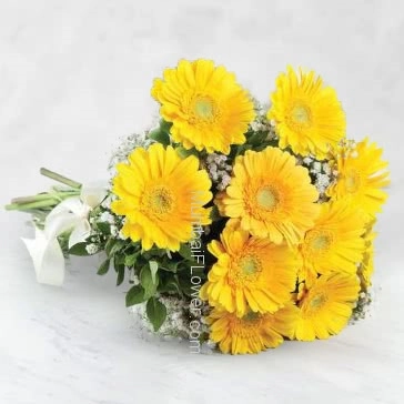 Yellow gerberas are particularly stunning as they are bright and cheerful. Bright and cheerful is exactly how a recipient of a yellow gerbera bouquet will feel.Bunch of 20 Yellow Gerberas  nicely decorated with Ribbons.