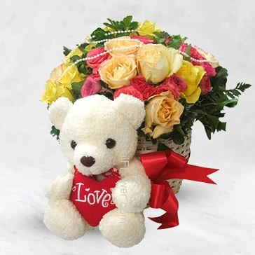 A Beautiful present for your loved one Basket of 30 Mixed Roses and 12 Inches Stuffed cute Teddy 