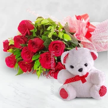 12-15 Inches Teddy with a Bunch of 20 Red Roses.