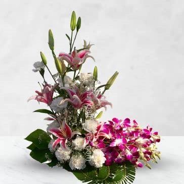 Arrangement of 4 pc Asiatic PinkLilies and 10 Purple Orchids and 10 White  Carnations-Roses