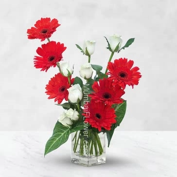 Beautiful combination for beautiful moments Simple clear Glass Vase with 10 red Gerberas and 10 White roses