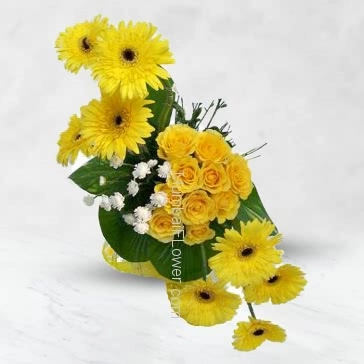 Arrangement of 10 Yellow Gerberas and 15 Yellow Roses for your deserved friend.