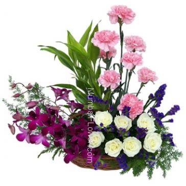 Perfect arrangement of beautiful combination Arrangement of 6 Purple Orchids and 10 pink Carnations and 10 white Roses as your beautiful love.