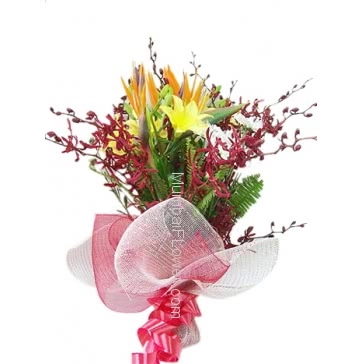 Bunch of 5pc Purple orchids and 3 pc Yellow Lilies nicely decorated with fillers and ribbons...Paper Packing. bow is so romantic energetic.